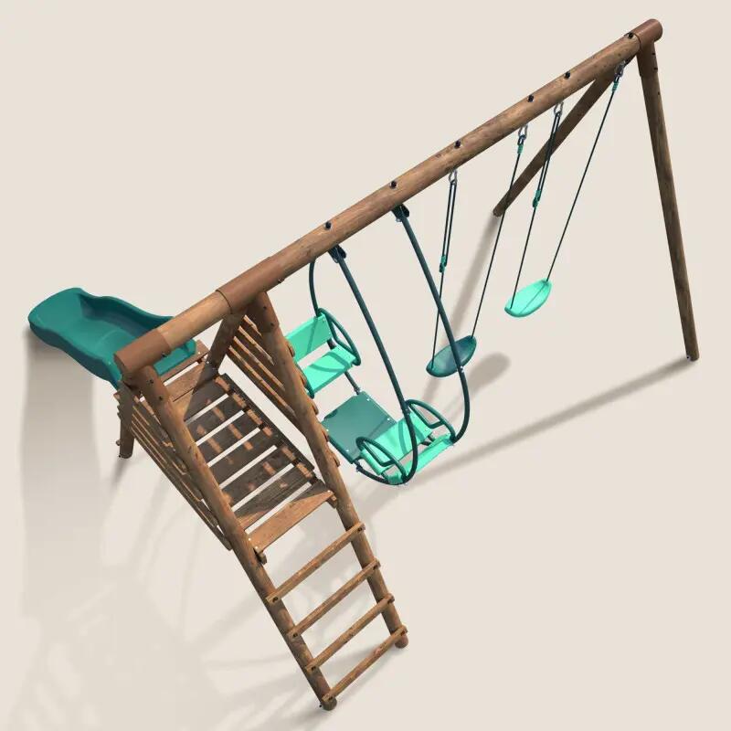 Portique en bois rond 3 agrès avec face à face et toboggan NARCISSE 4/5
