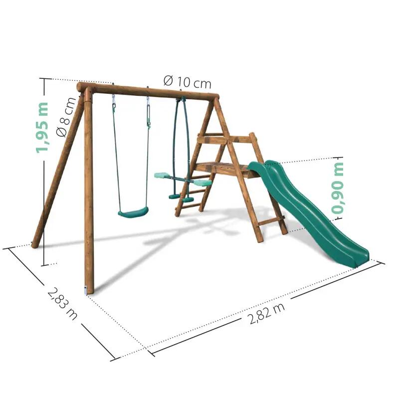 Portique en bois rond 2 agrès avec balançoire et face à face MENTHE 4/5