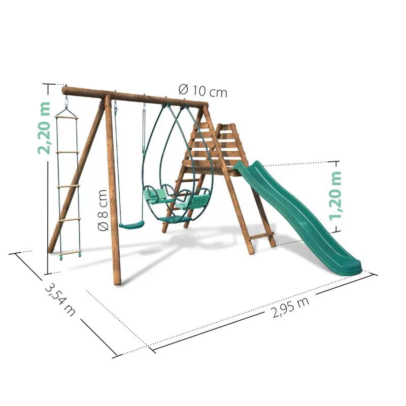 Portique en bois rond 3 agrès avec face à face, échelle et toboggan LAVANDE 4/5