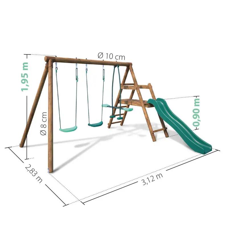 Portique en bois rond 3 agrès avec face à face et toboggan bas FIGUE 4/5
