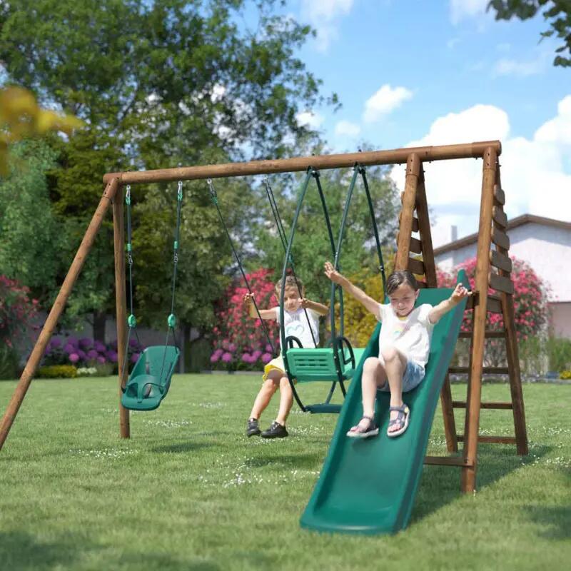 Portique en bois rond 3 agrès avec balançoire bébé et toboggan COLZA 3/5