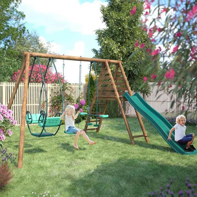 Portique en bois rond 3 agrès avec face à face et toboggan NIGEL 3/5