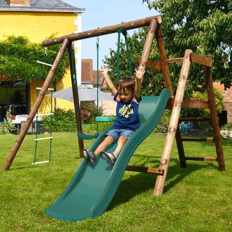 Portique en bois rond 3 agrès avec face à face, échelle et toboggan bas MÛRIER 3/5