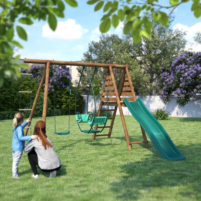 Portique en bois rond 3 agrès avec face à face, échelle et toboggan LAVANDE 3/5