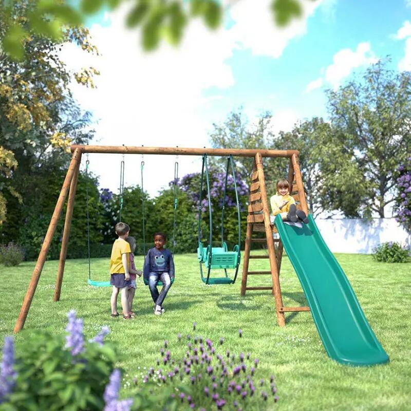Portique en bois rond 3 agrès avec face à face et toboggan NARCISSE 3/5