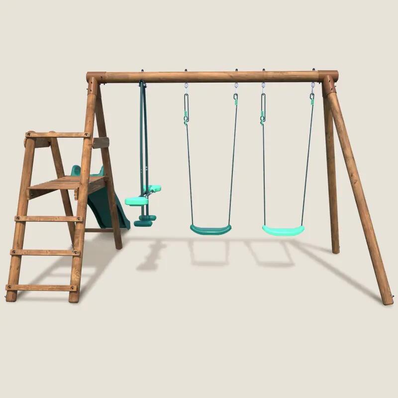 Portique en bois rond 3 agrès avec face à face et toboggan bas FIGUE 2/5
