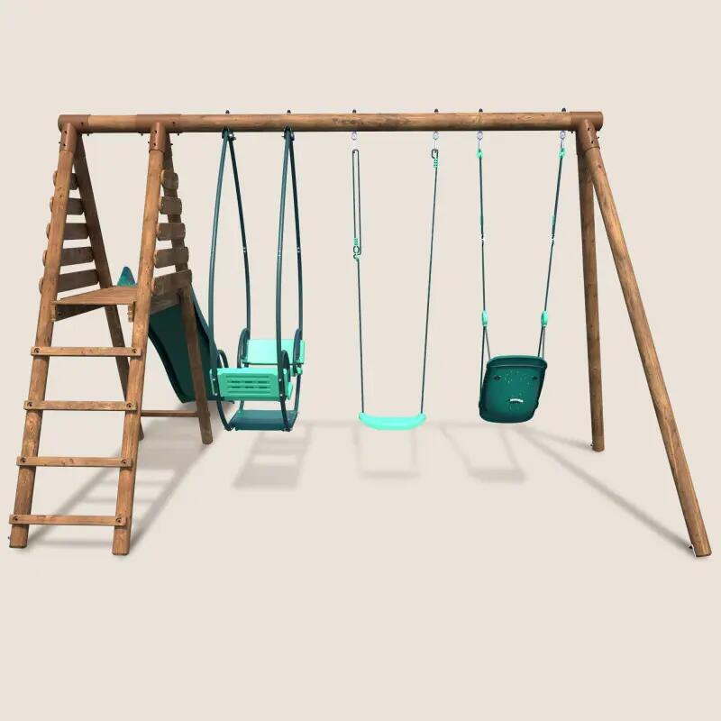 Portique en bois rond 3 agrès avec balançoire bébé et toboggan COLZA 2/5