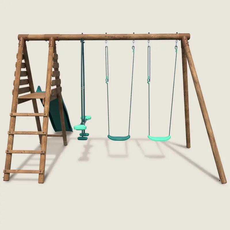 Portique en bois rond 3 agrès avec face à face et toboggan VIOLETTE 2/5