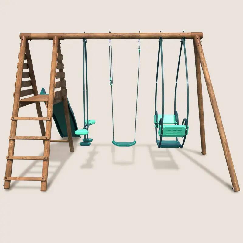 Portique en bois rond 3 agrès avec face à face et toboggan NIGEL 2/5