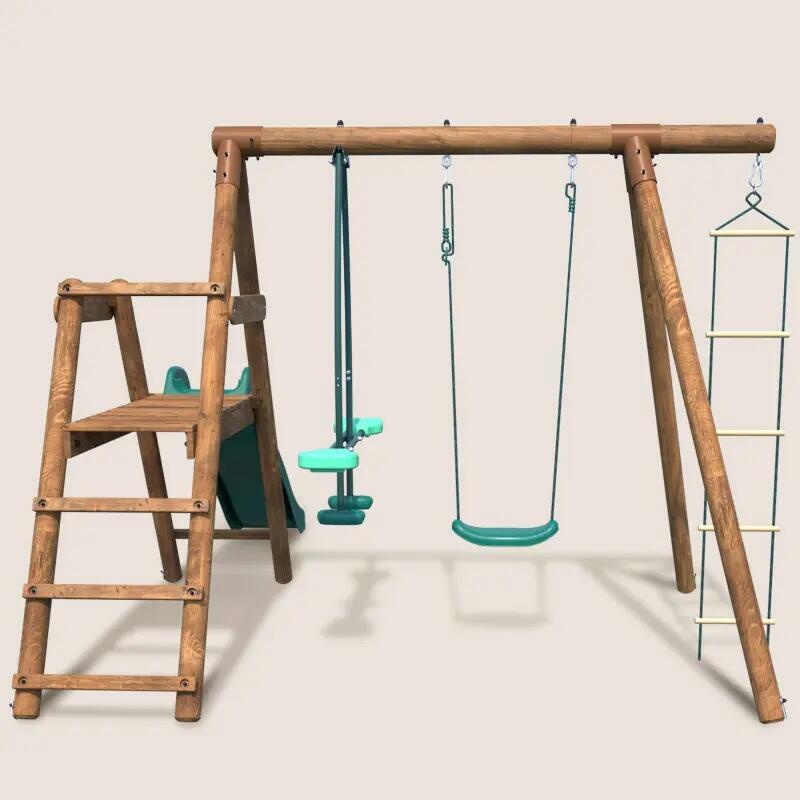 Portique en bois rond 3 agrès avec face à face, échelle et toboggan bas MÛRIER 2/5