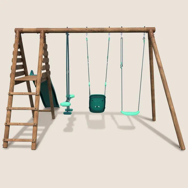 Portique en bois rond 3 agrès balançoire bébé, face à face et toboggan TULIPE 2/5