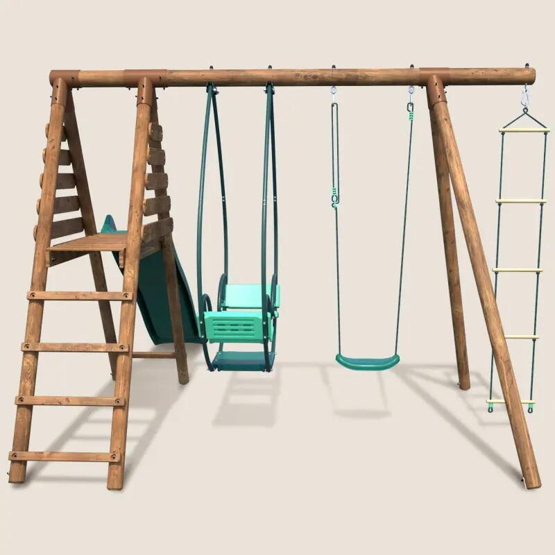 Portique en bois rond 3 agrès avec face à face, échelle et toboggan LAVANDE 2/5