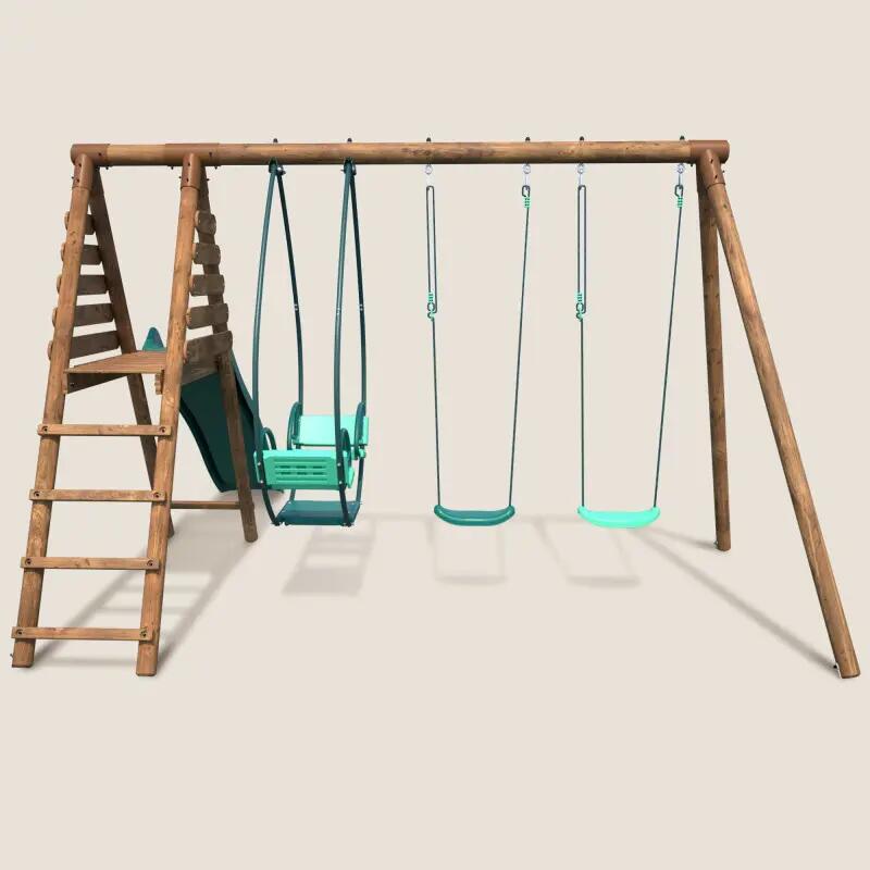 Portique en bois rond 3 agrès avec face à face et toboggan NARCISSE 2/5