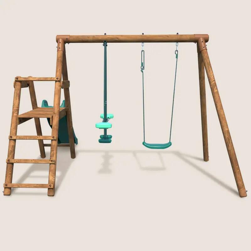 Portique en bois rond 2 agrès avec balançoire et face à face MENTHE 2/5