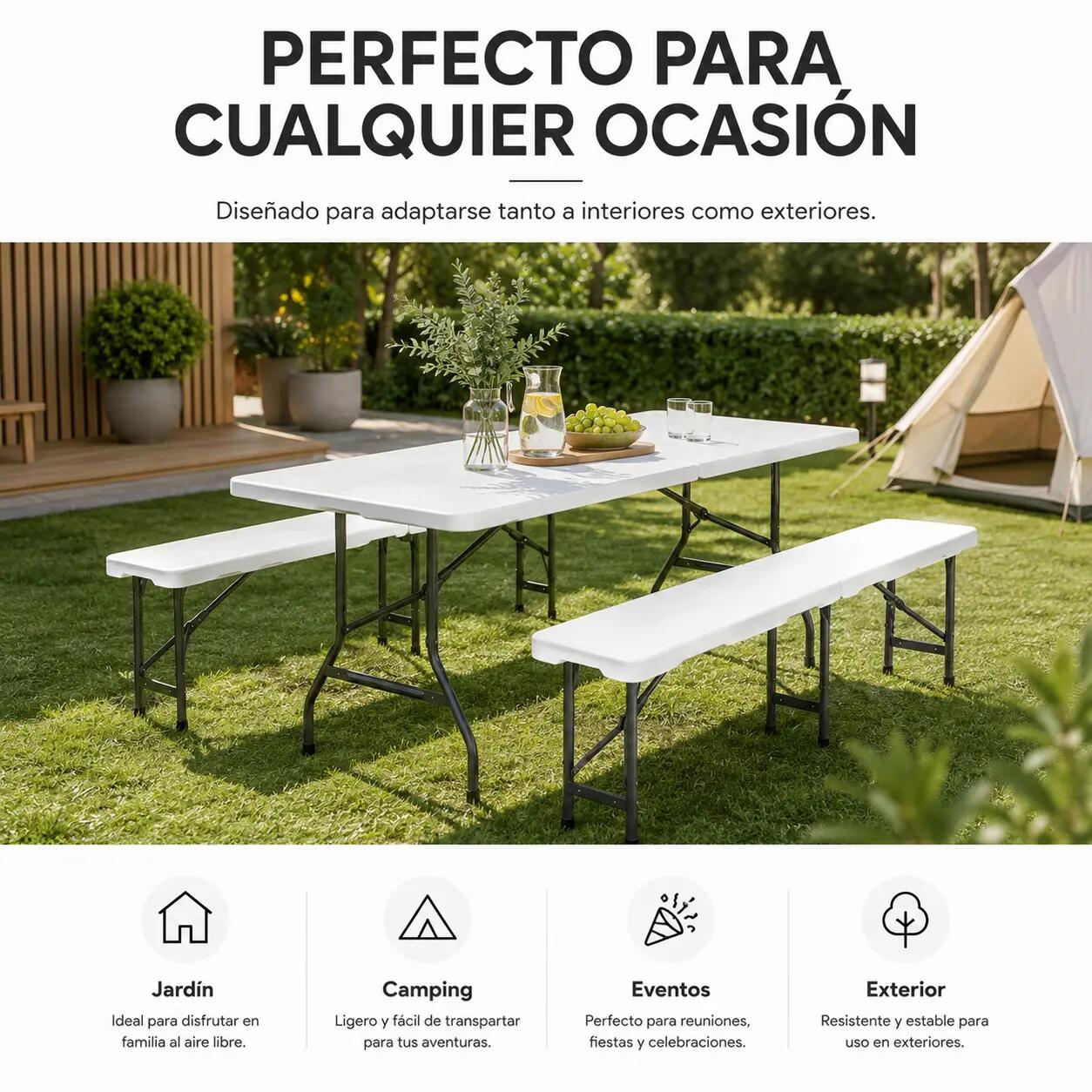 Set Tavolo Pieghevole Con 2 Panche Per Giardino 180x74x72 cm 7/7