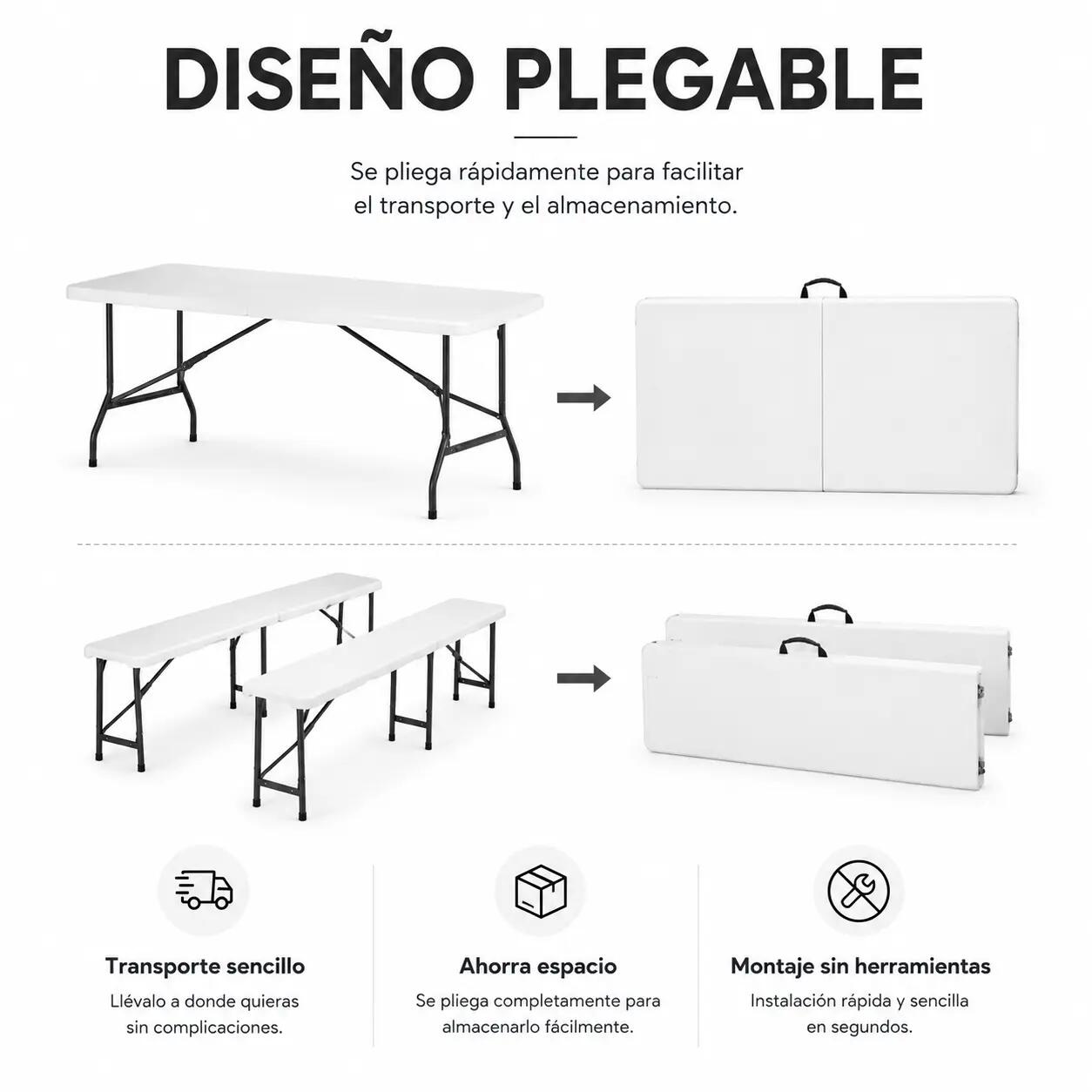 Set Tavolo Pieghevole Con 2 Panche Per Giardino 180x74x72 cm 4/7