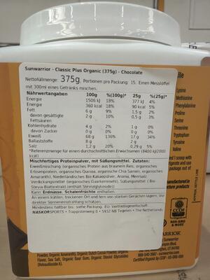 Sunwarrior classic plus organic (375g) chocolate - eiwitten - veganistisch eiwit