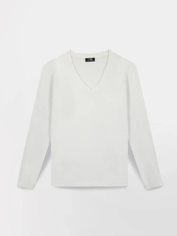 T-shirt manches longues Femme, Col V, 100% coton, AMARALON, Écru 5/5