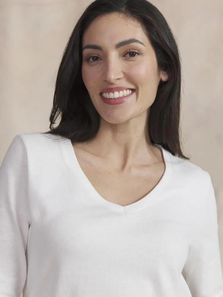 T-shirt manches longues Femme, Col V, 100% coton, AMARALON, Écru 3/5