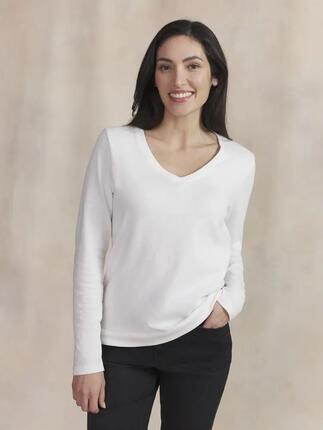 T-shirt manches longues - Femme - Col V côtelé - AMARALON - Arctique