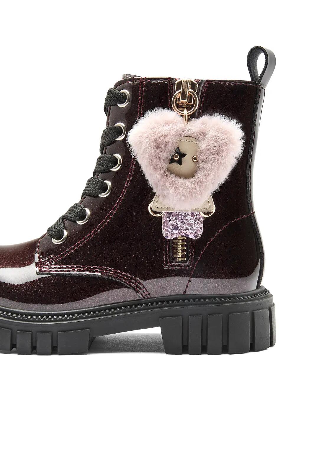 Botas Militares de Niña Efecto Peluche con Adorno en Burdeos 4/4
