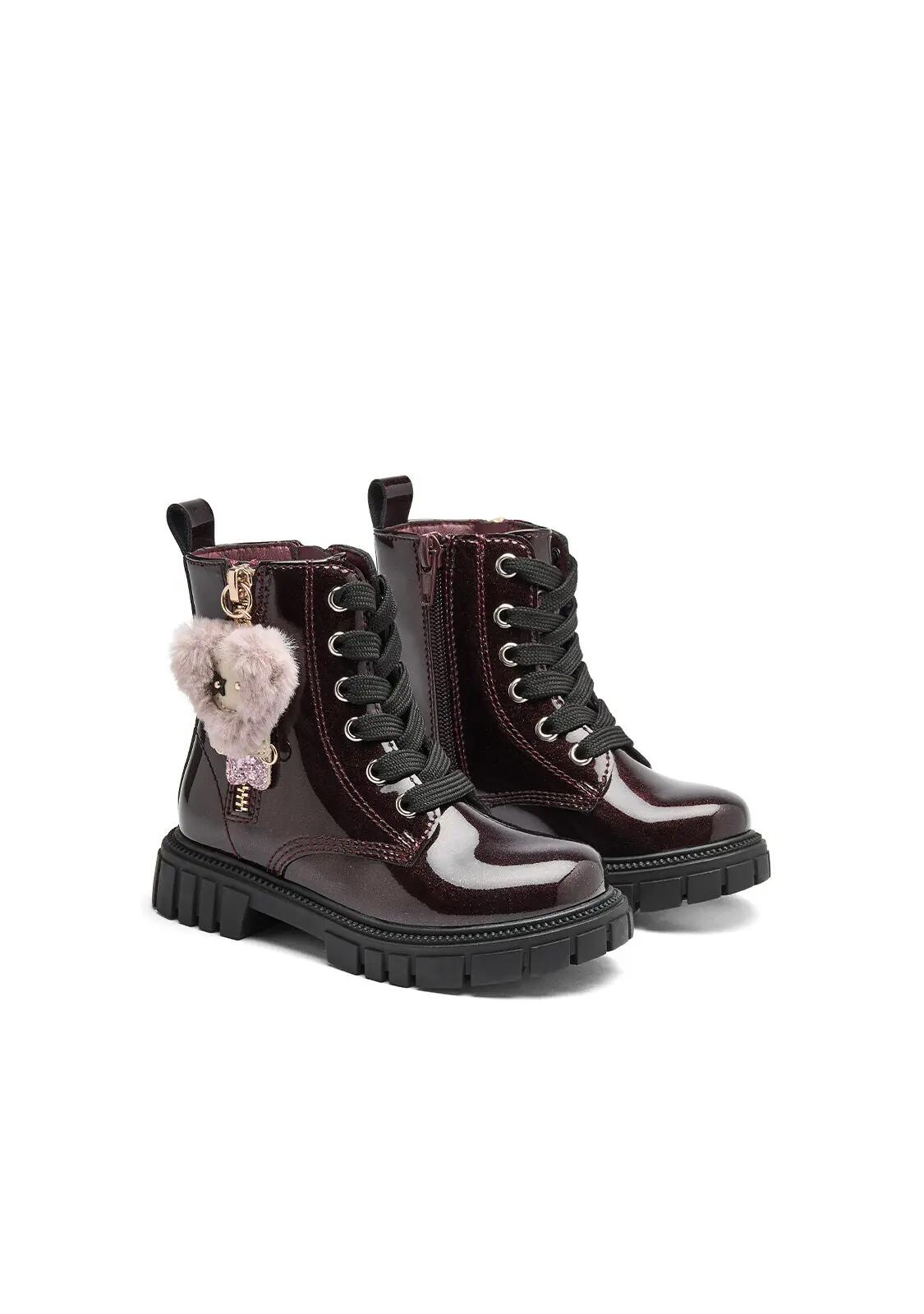 Botas Militares de Niña Efecto Peluche con Adorno en Burdeos 2/4