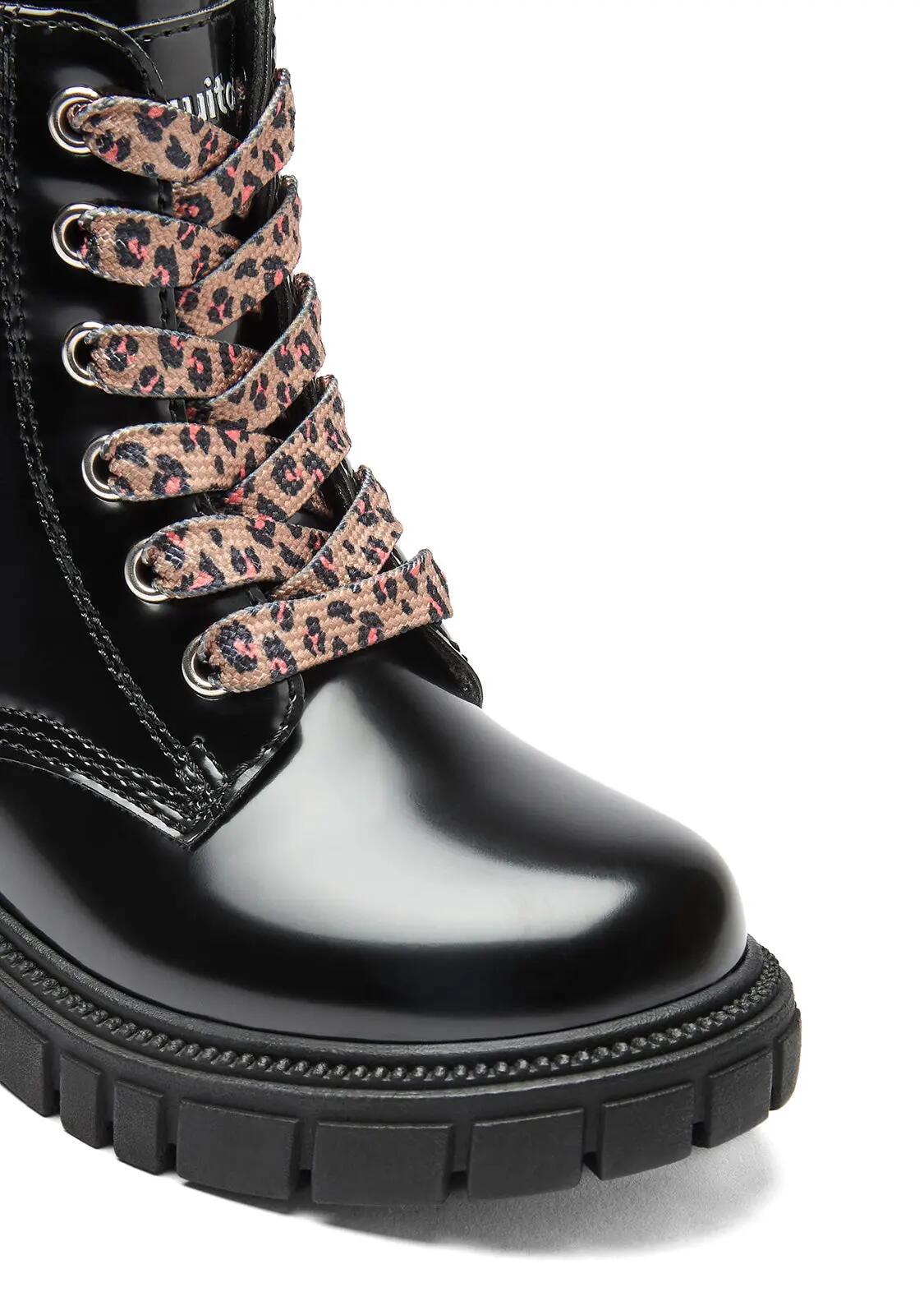 Botas Militares de Niña Efecto Peluche de Leopardo en Negro 3/4