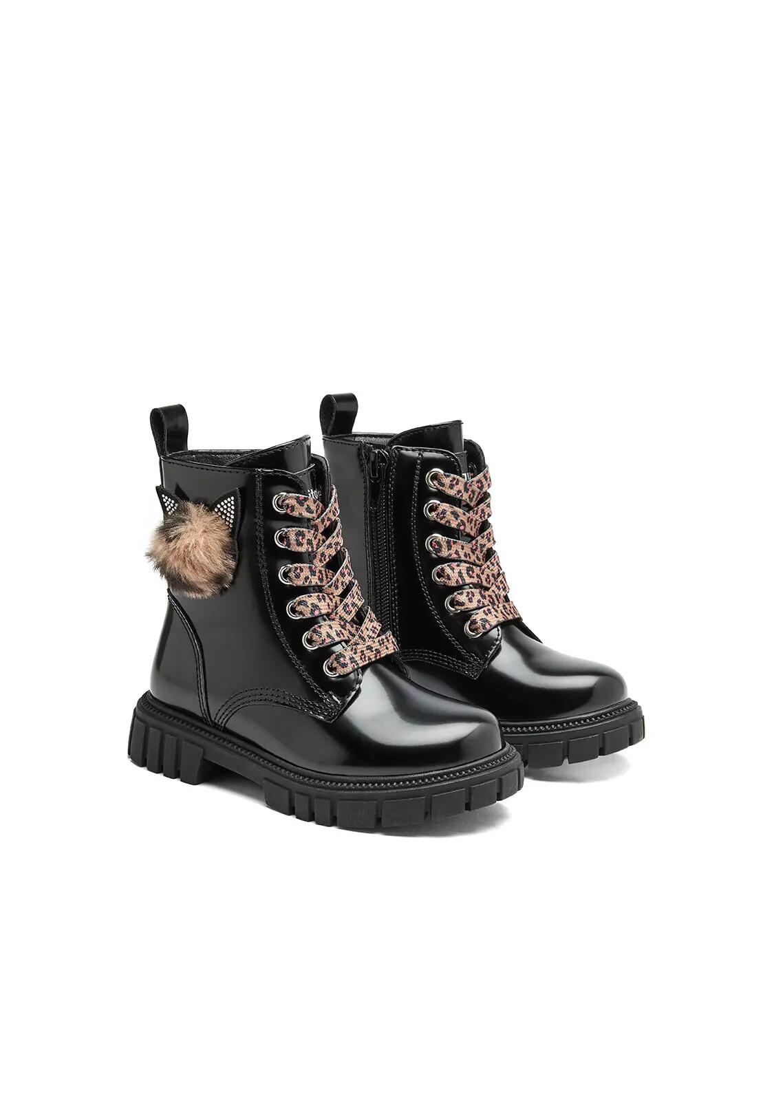 Botas Militares de Niña Efecto Peluche de Leopardo en Negro 2/4