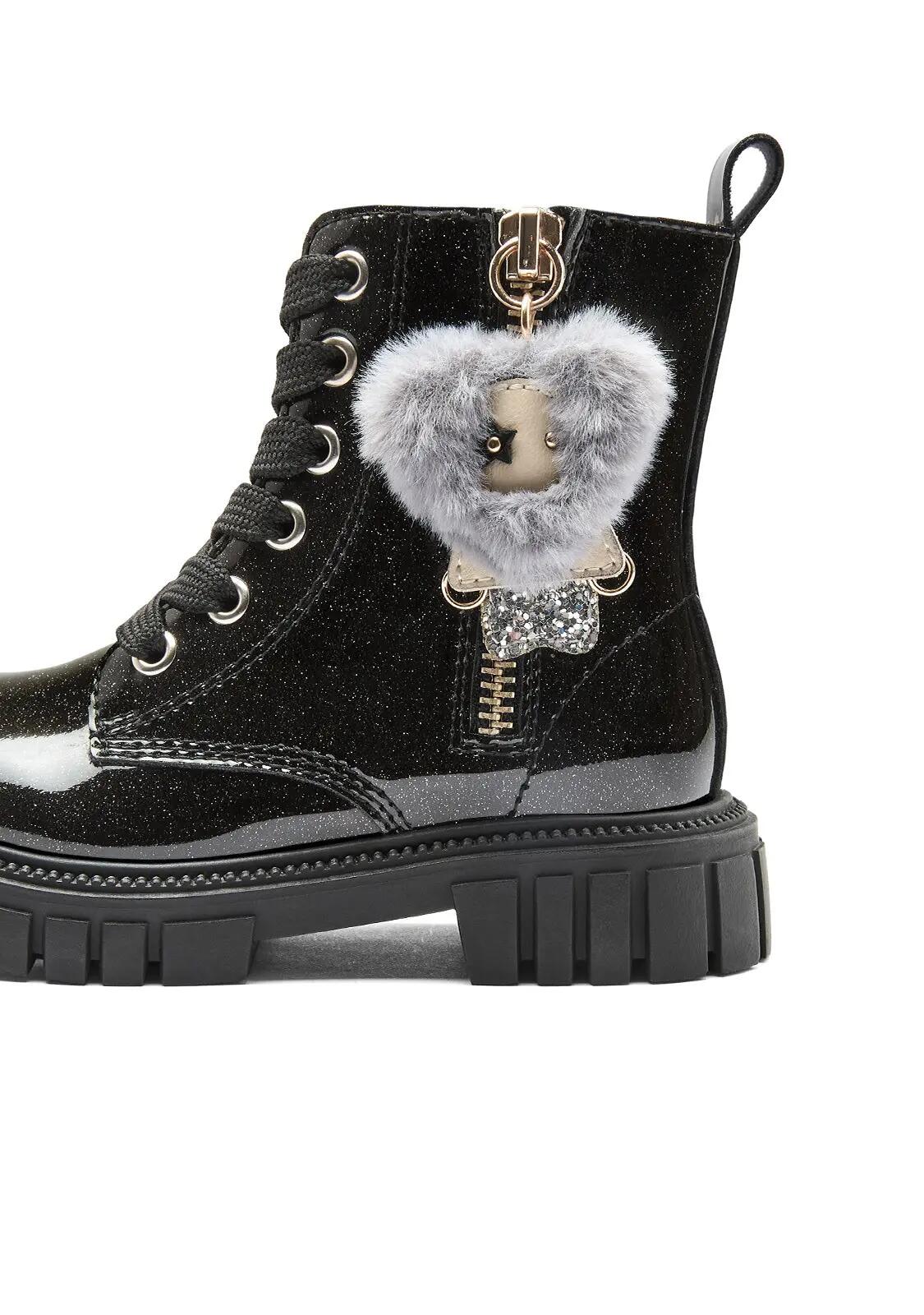 Botas Militares de Niña Efecto Peluche con Adorno en Negro 4/4