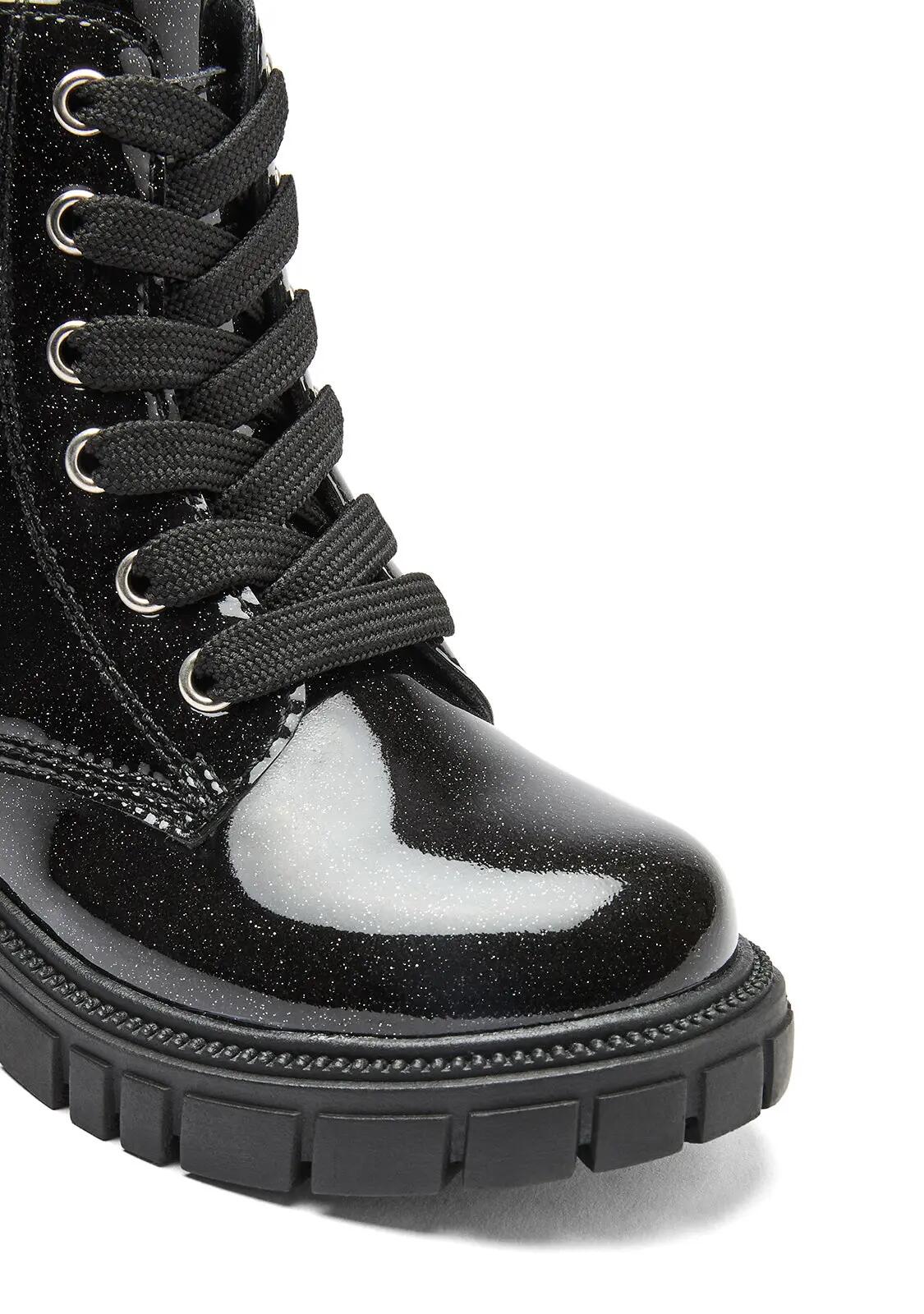 Botas Militares de Niña Efecto Peluche con Adorno en Negro 3/4