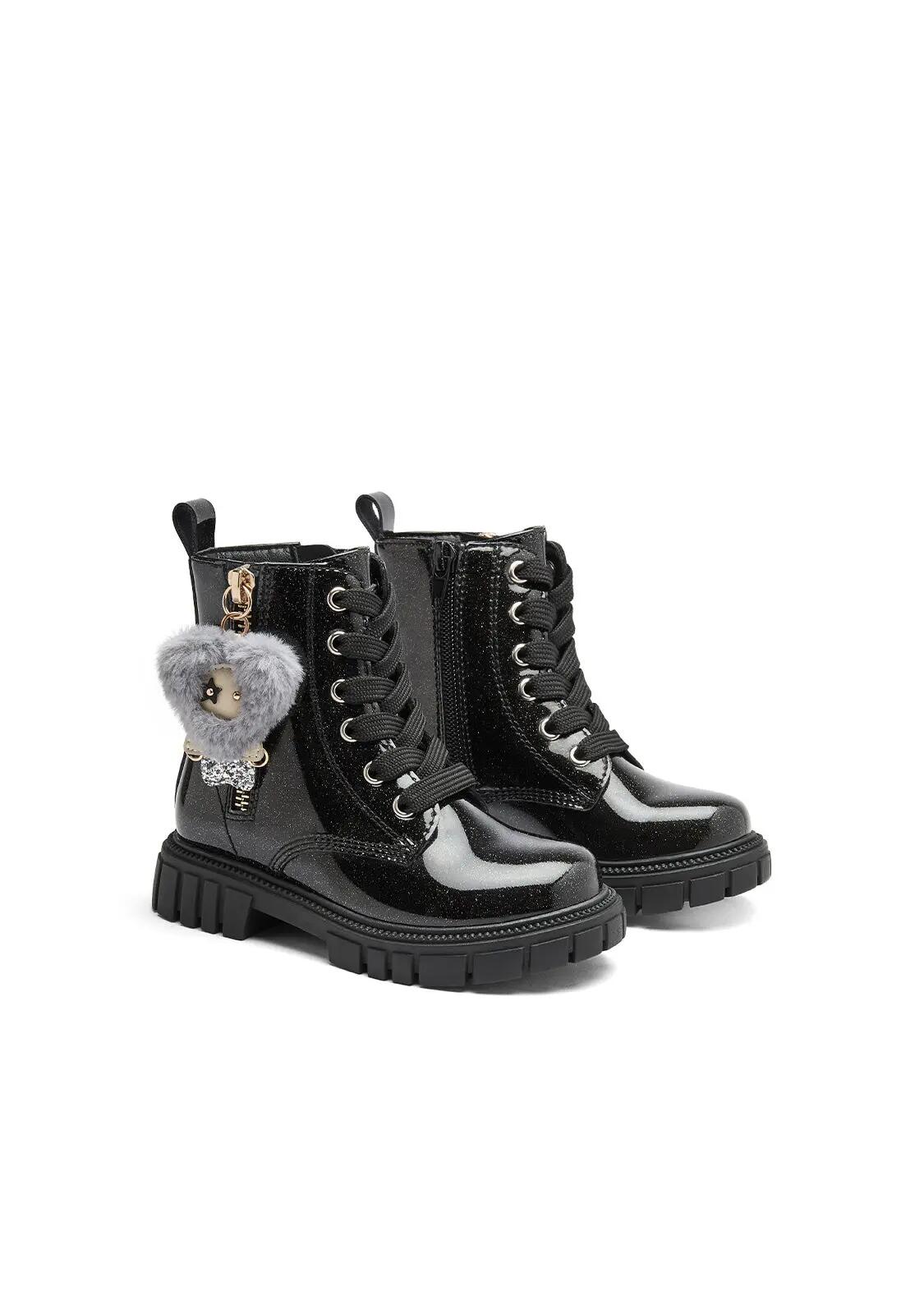 Botas Militares de Niña Efecto Peluche con Adorno en Negro 2/4