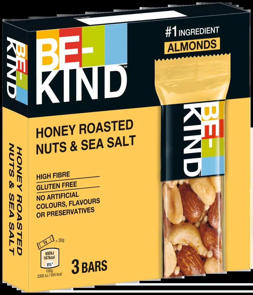 BE-KIND Honiggeröstete Nüsse & SeaSalt 3x30g Nussriegel für unterwegs & Training 1/4