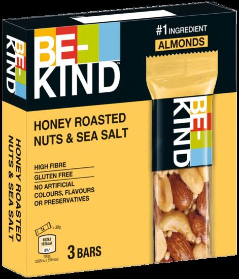 BE-KIND Honiggeröstete Nüsse & SeaSalt 3x30g Nussriegel für unterwegs & Training