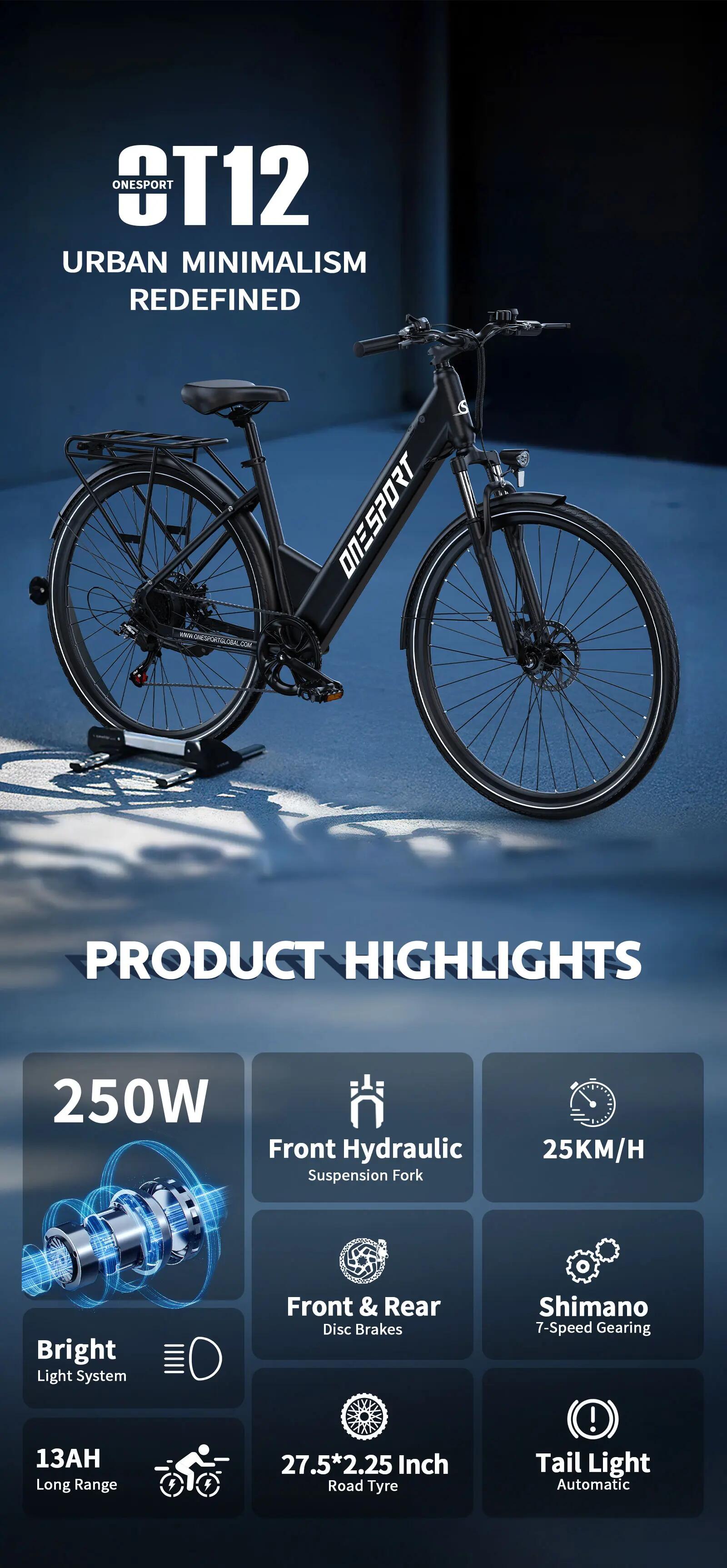 Bici elettrica adulti ONESPORT OT12 250W 36V13Ah 27.5" Città 5/10