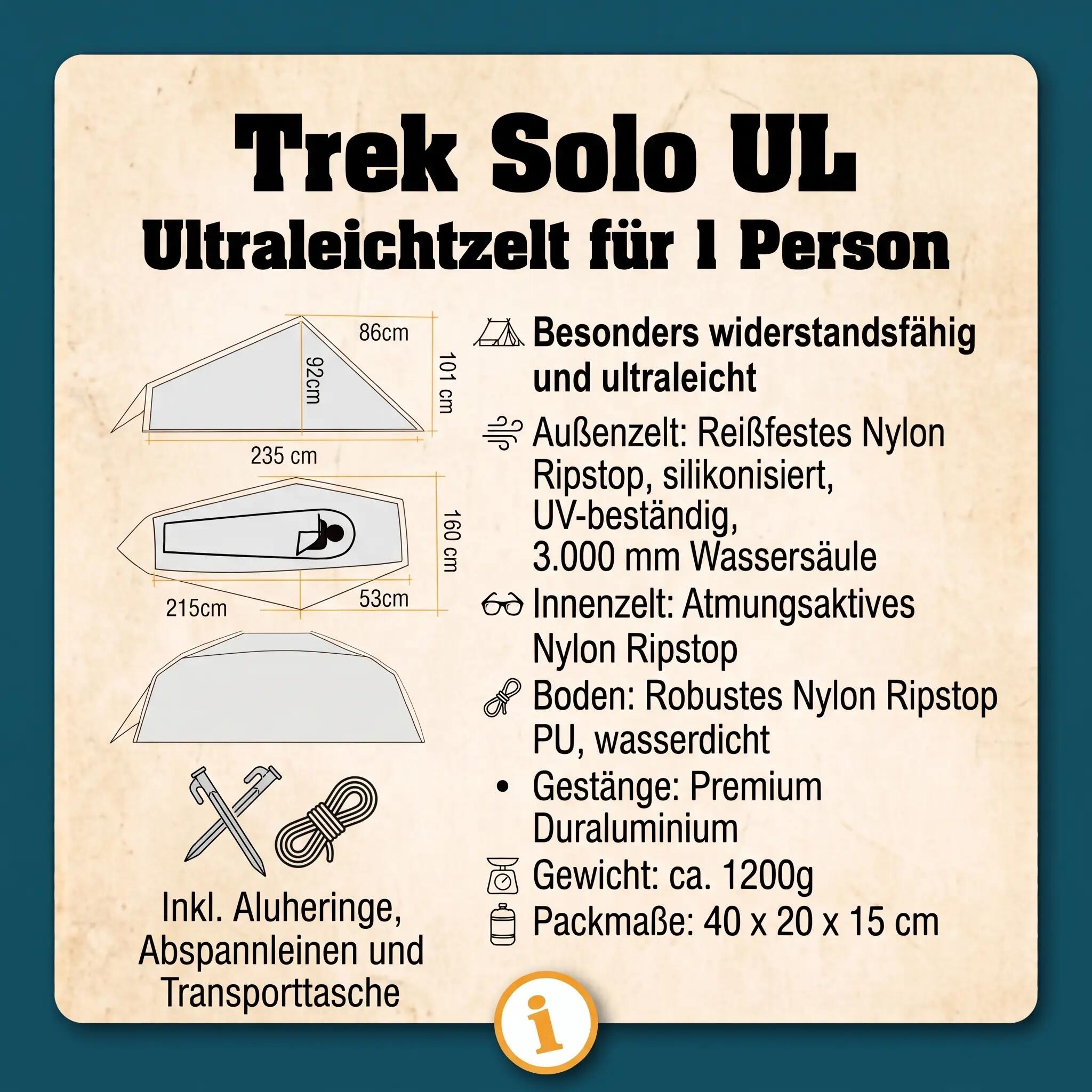 Trekkingzelt Trek Solo UL - Einpersonenzelt ultraleicht aus Nylon 4/6