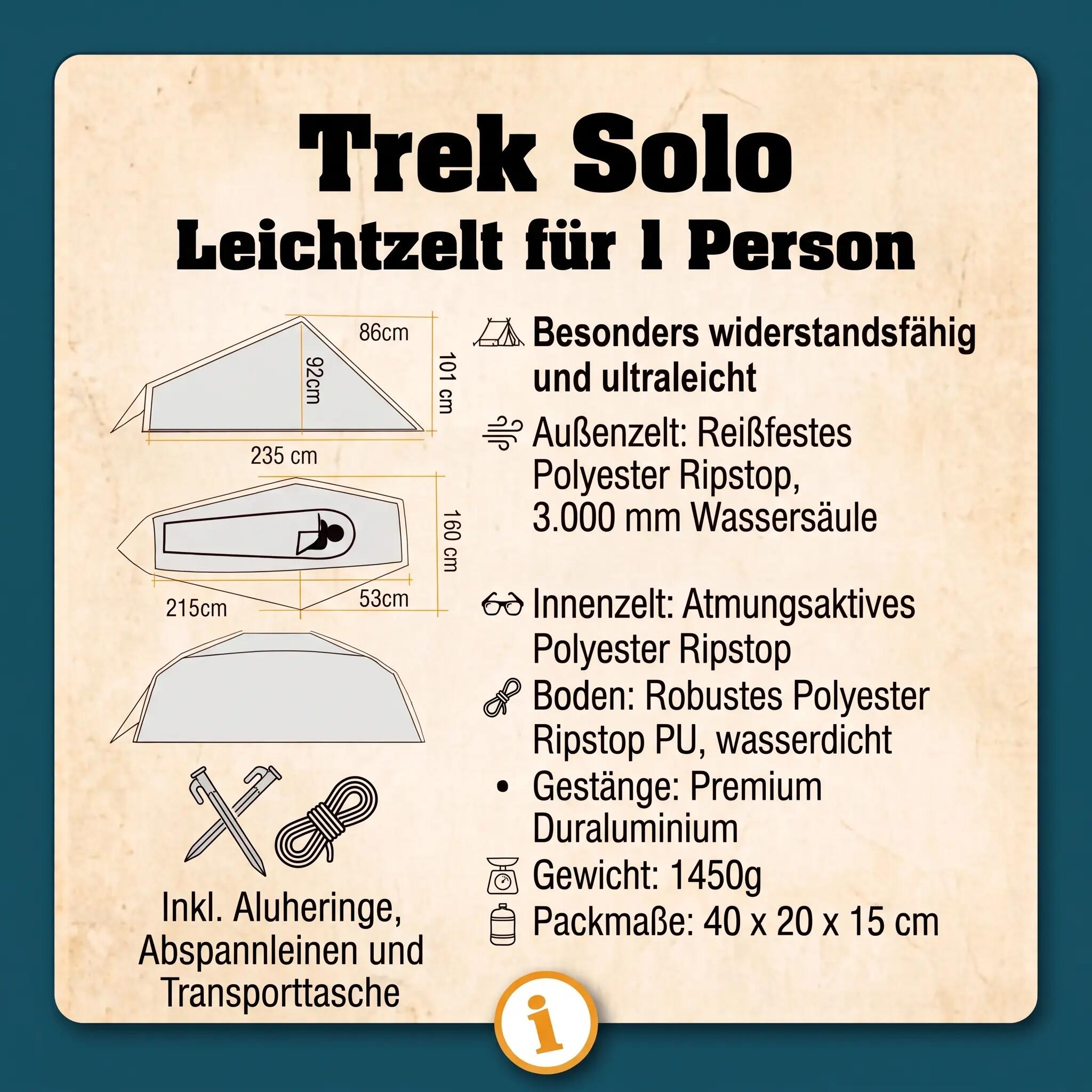 Trekkingzelt Trek Solo - Einmannzelt leicht aus Polyester 5/7