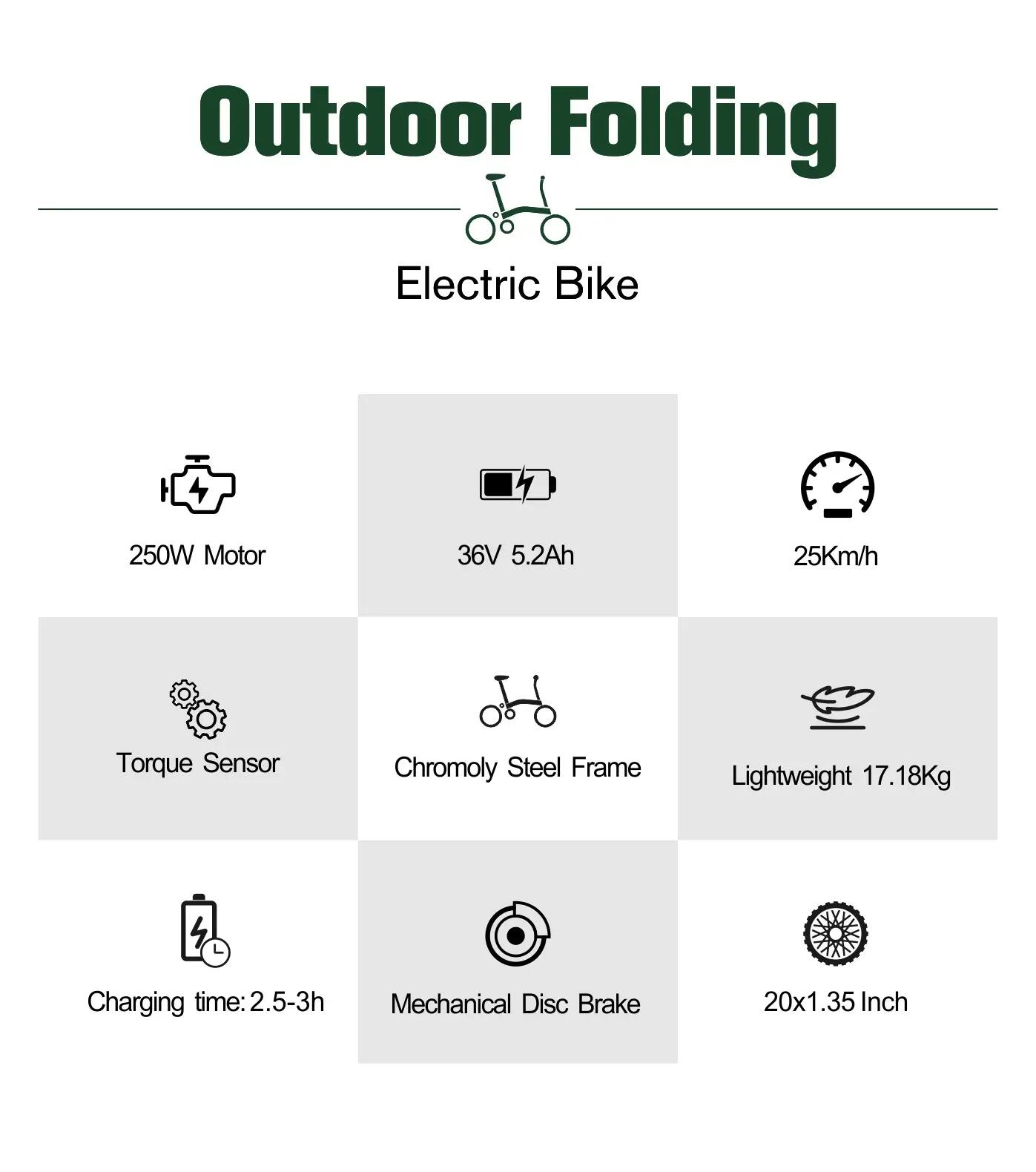 Bici elettrica pieghevole adulti OT02 Pro 250W 20" 36V5.2Ah Città 8/12