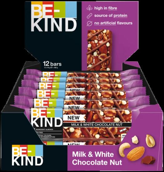 BE-KIND MilkWhite Choc Nut 12x40g Nussriegel für unterwegs & Training
