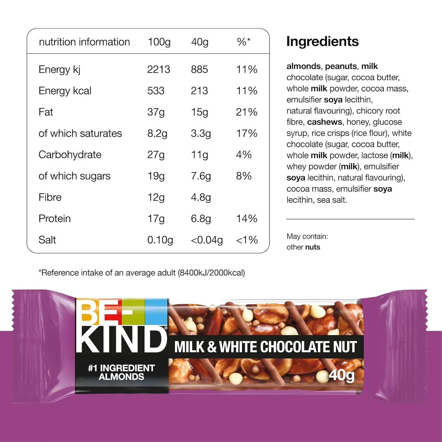 BE-KIND MilkWhite Choc Nut 12x40g Nussriegel für unterwegs & Training 3/5