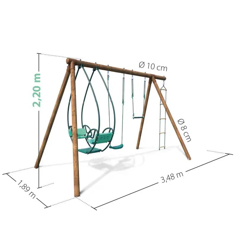 Portique en bois rond 4 agrès avec trapèze, échelle et face à face JULIETTE 4/5