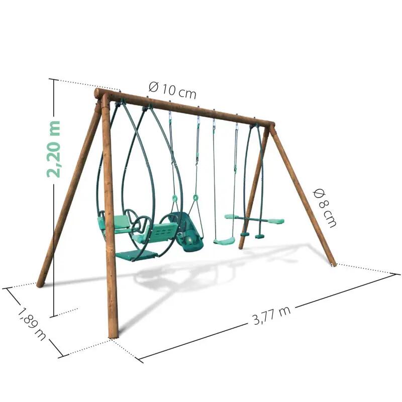 Portique en bois rond 4 agrès avec balançoire bébé et face à face SUZANNE 4/5