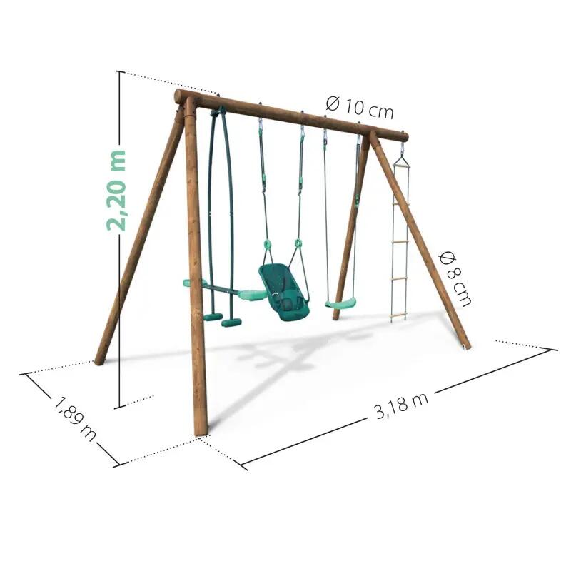 Portique en bois rond 4 agrès balançoire bébé, échelle et face à face SUZON 4/5