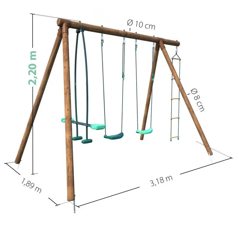 Portique en bois rond 4 agrès avec face à face et échelle GABIN 4/5