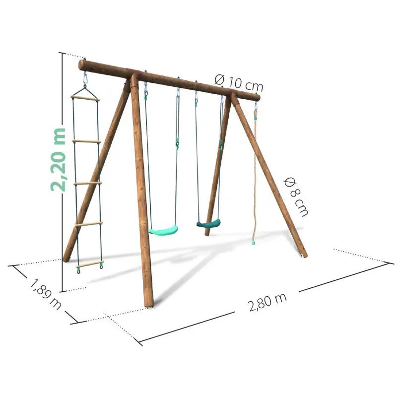 Portique en bois rond 4 agrès avec corde et échelle ERNEST 4/5