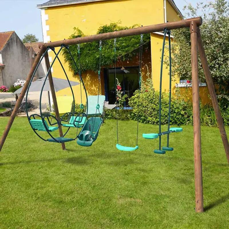 Portique en bois rond 4 agrès avec balançoire bébé et face à face SUZANNE 3/5