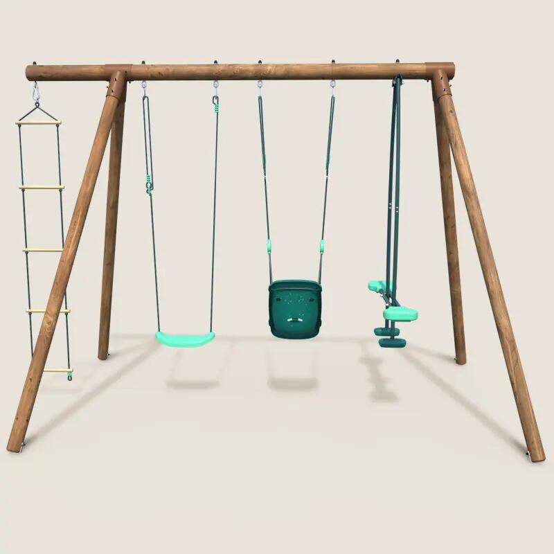 Portique en bois rond 4 agrès balançoire bébé, échelle et face à face SUZON 2/5