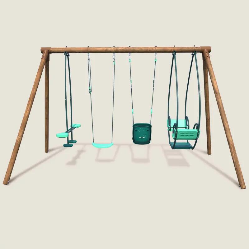 Portique en bois rond 4 agrès avec balançoire bébé et face à face SUZANNE 2/5