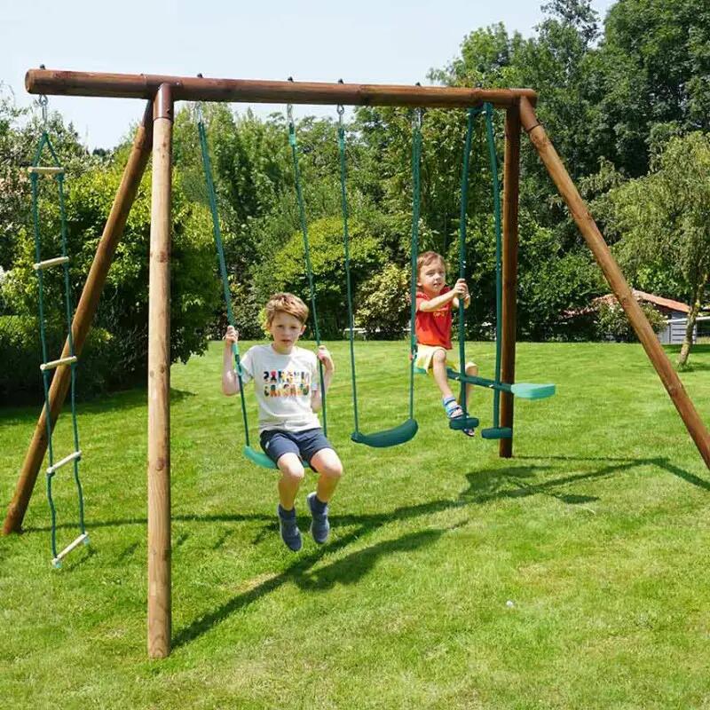 Portique en bois rond 4 agrès avec face à face et échelle GABIN 3/5