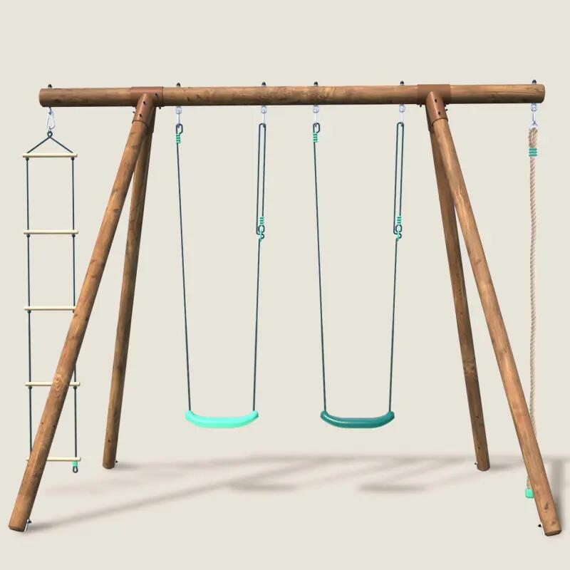Portique en bois rond 4 agrès avec corde et échelle ERNEST 2/5