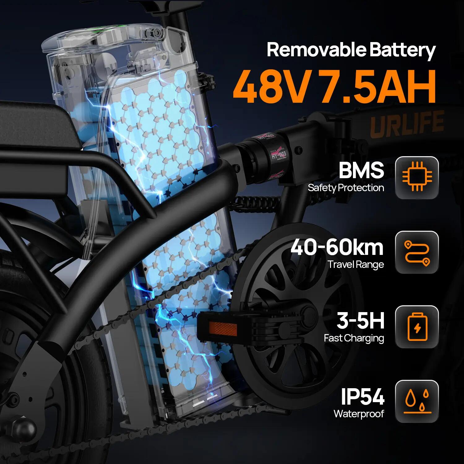 Bicicleta plegable URLIFE F1L eléctrica con acumulador 48V 7,5 Ah para trayectos 9/13